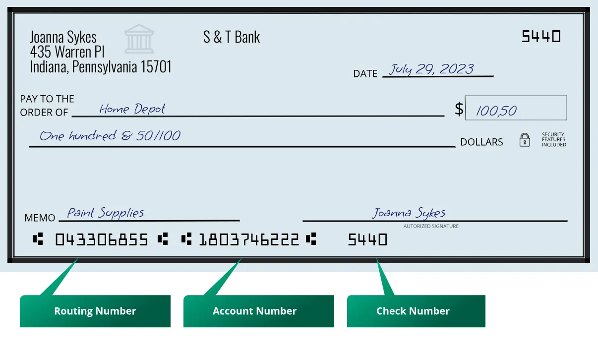 043306855 routing number S & T Bank Indiana