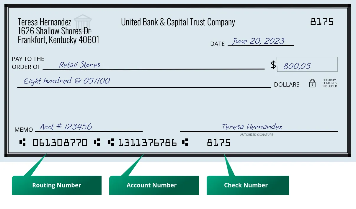 061308770 routing number United Bank & Capital Trust Company Frankfort