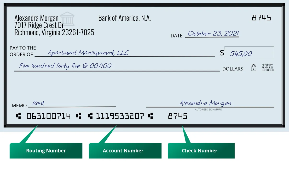 063100714 routing number Bank Of America, N.a. Richmond