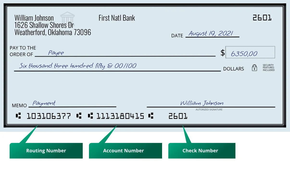 103106377 routing number First Natl Bank Weatherford