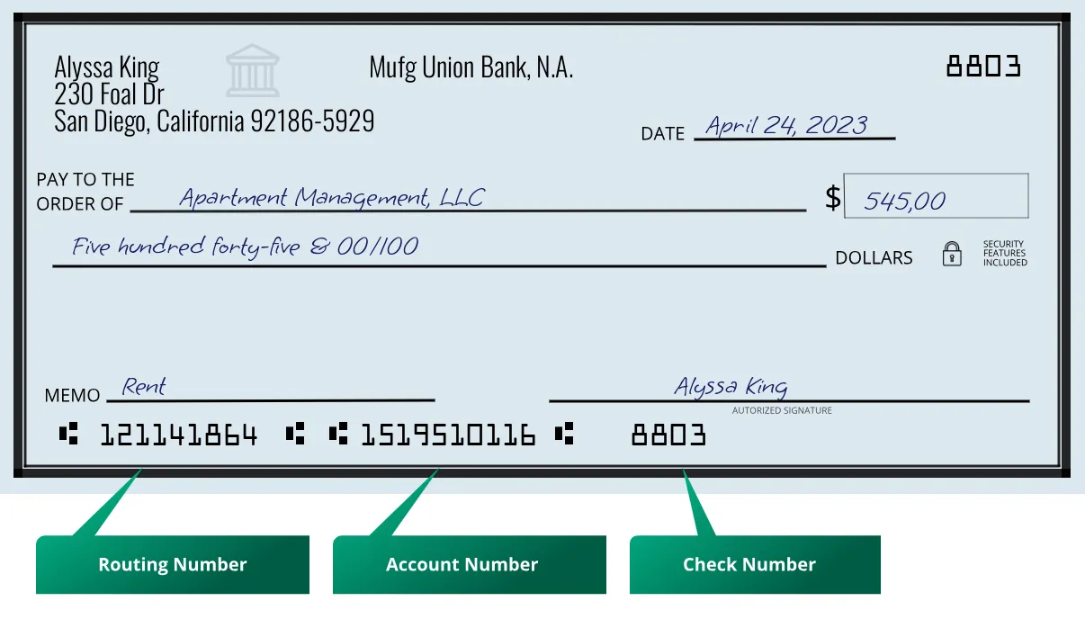 121141864 routing number Mufg Union Bank, N.a. San Diego