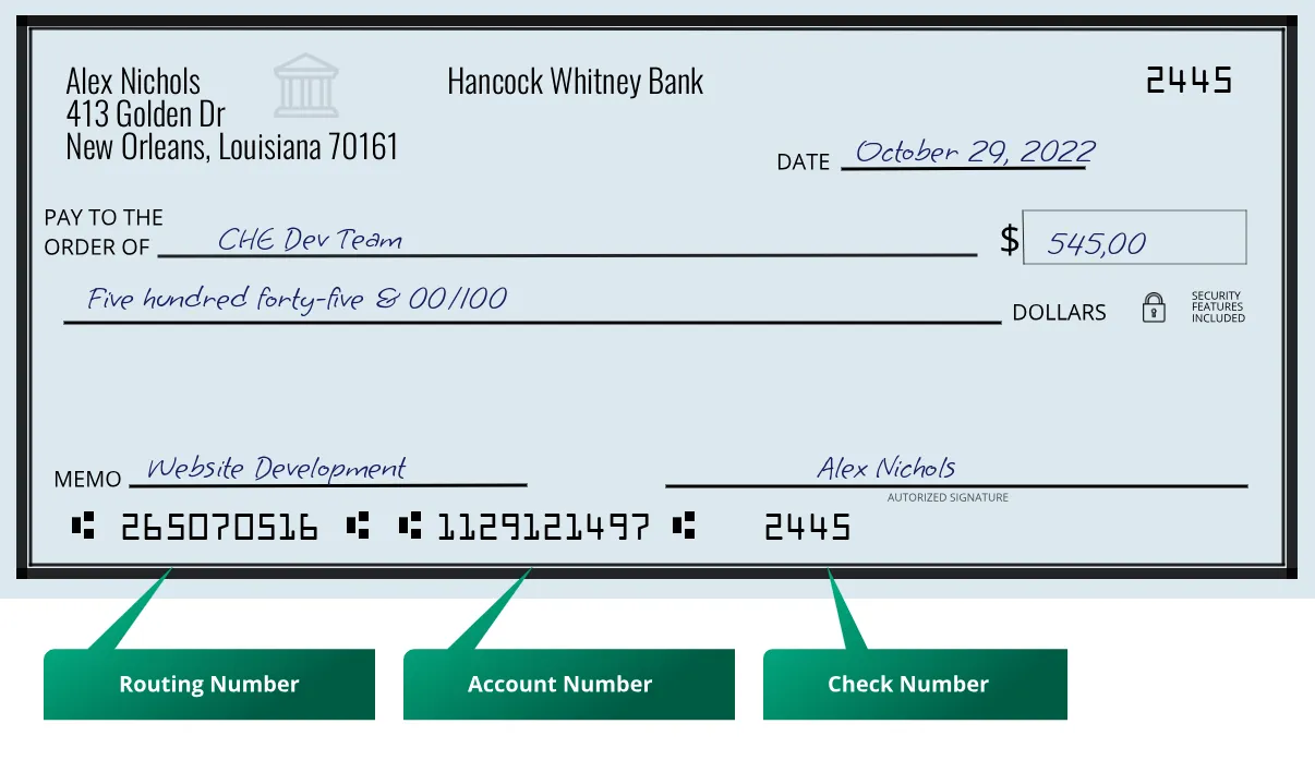 265070516 routing number Hancock Whitney Bank New Orleans