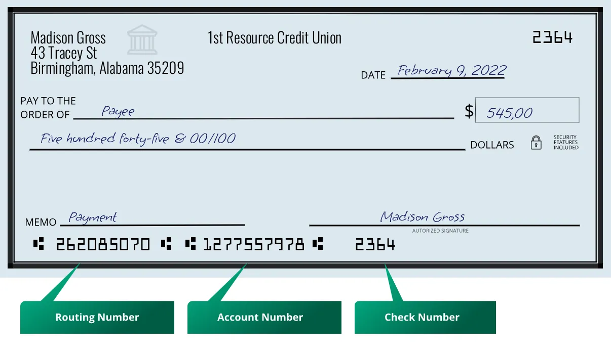 Where to find 1st Resource Credit Union routing number on a paper check?