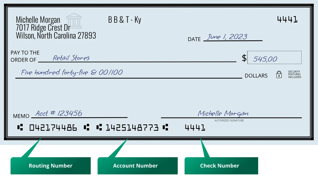 Where to find B B & T - Ky routing number on a paper check?