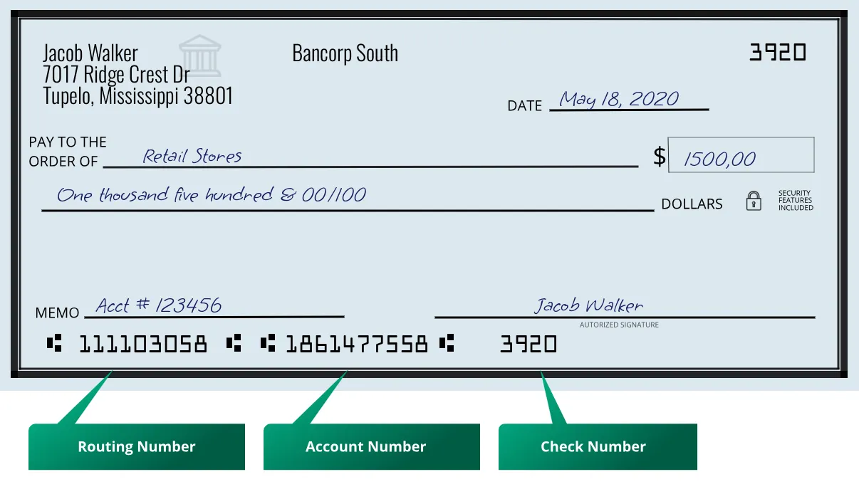 Where to find Bancorp South routing number on a paper check?
