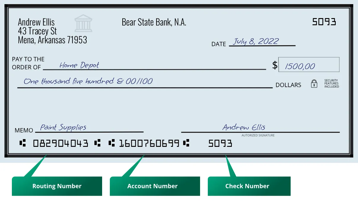 Where to find Bear State Bank, N.A. routing number on a paper check?