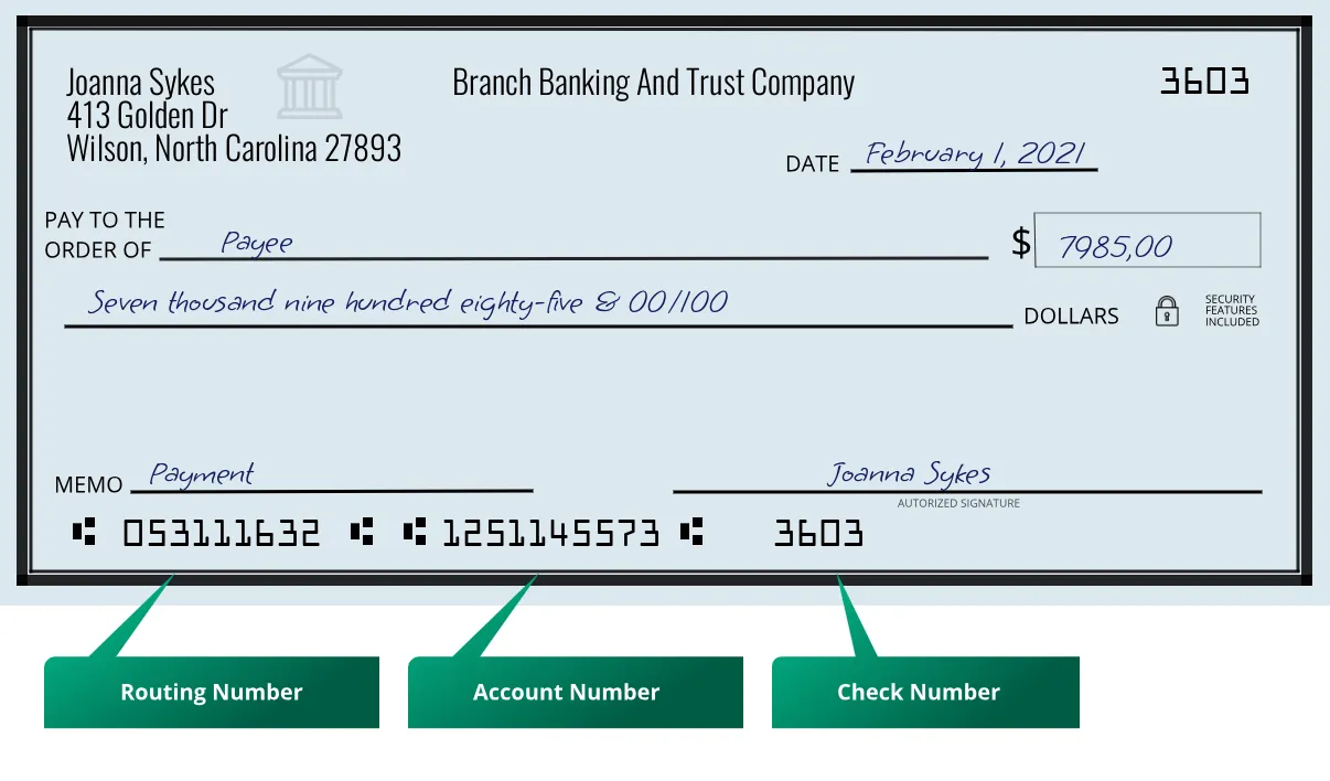 Where to find Branch Banking And Trust Company routing number on a paper check?