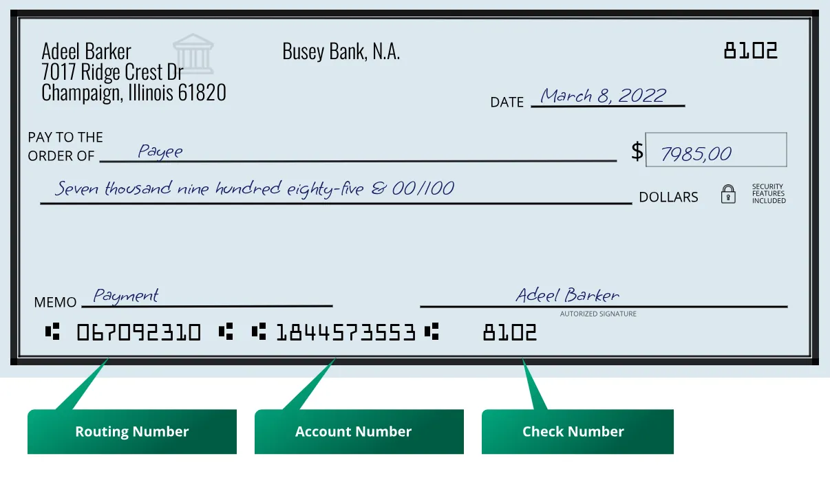 Where to find Busey Bank, N.A. routing number on a paper check?