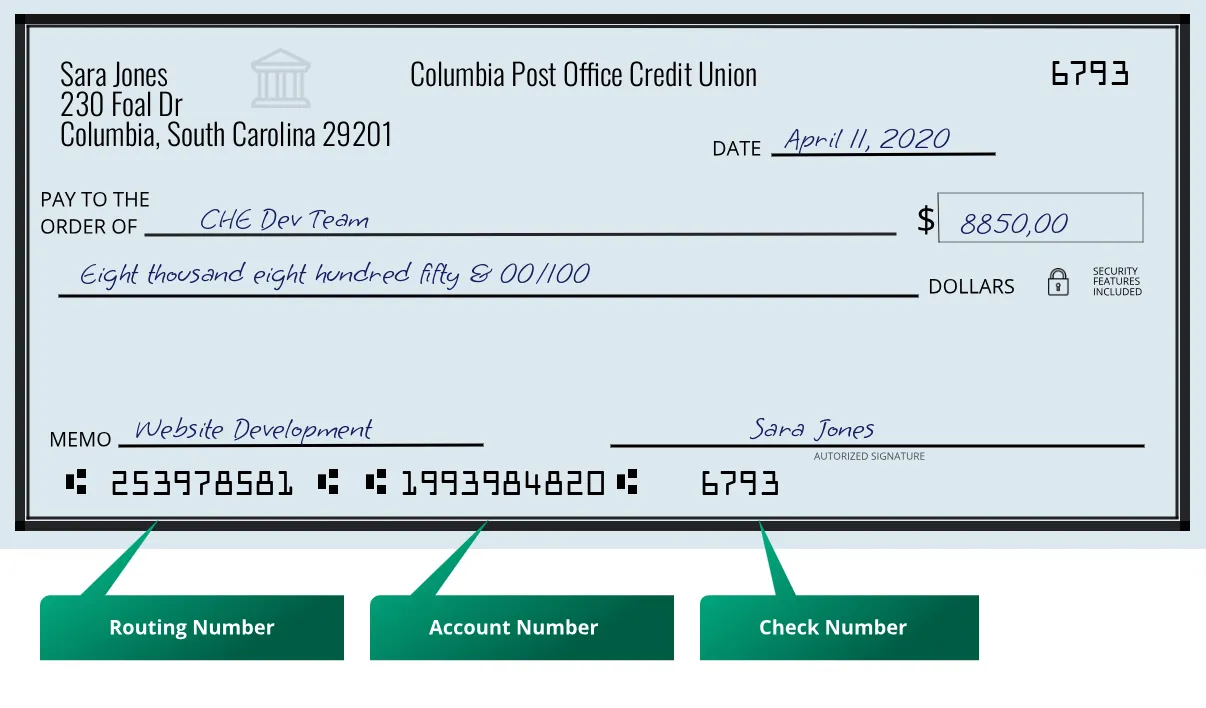 Where to find Columbia Post Office Credit Union routing number on a paper check?