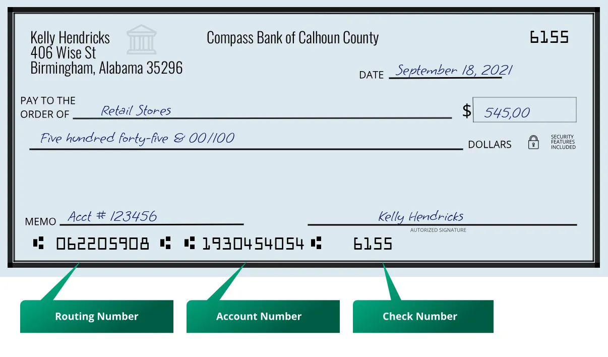 Where to find Compass Bank of Calhoun County routing number on a paper check?