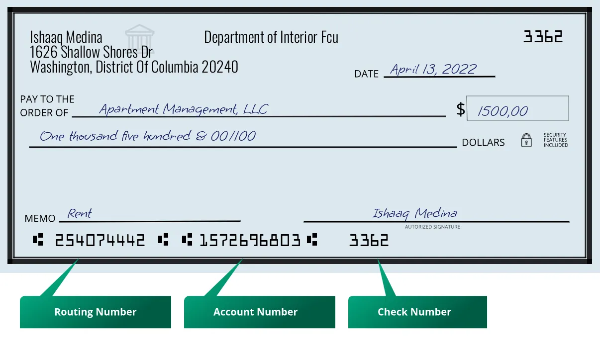 Where to find Department of Interior Fcu routing number on a paper check?