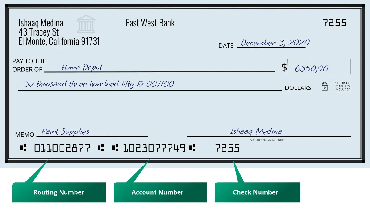 Where to find East West Bank routing number on a paper check?