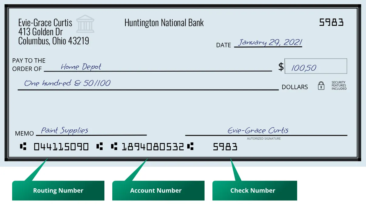 Where to find Huntington National Bank routing number on a paper check?
