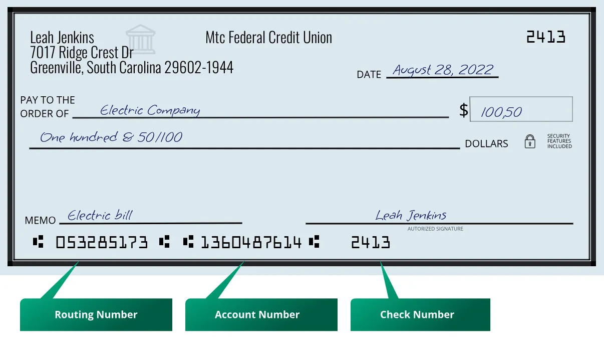 Where to find Mtc Federal Credit Union routing number on a paper check?
