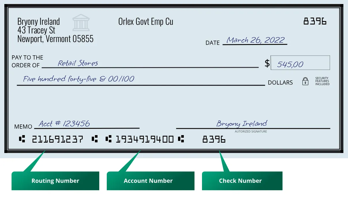 Where to find Orlex Govt Emp Cu routing number on a paper check?