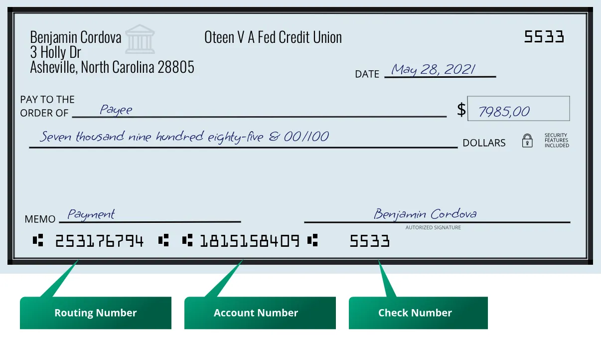 Where to find Oteen V A Fed Credit Union routing number on a paper check?