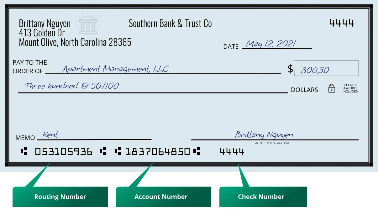 Where to find Southern Bank & Trust Co routing number on a paper check?