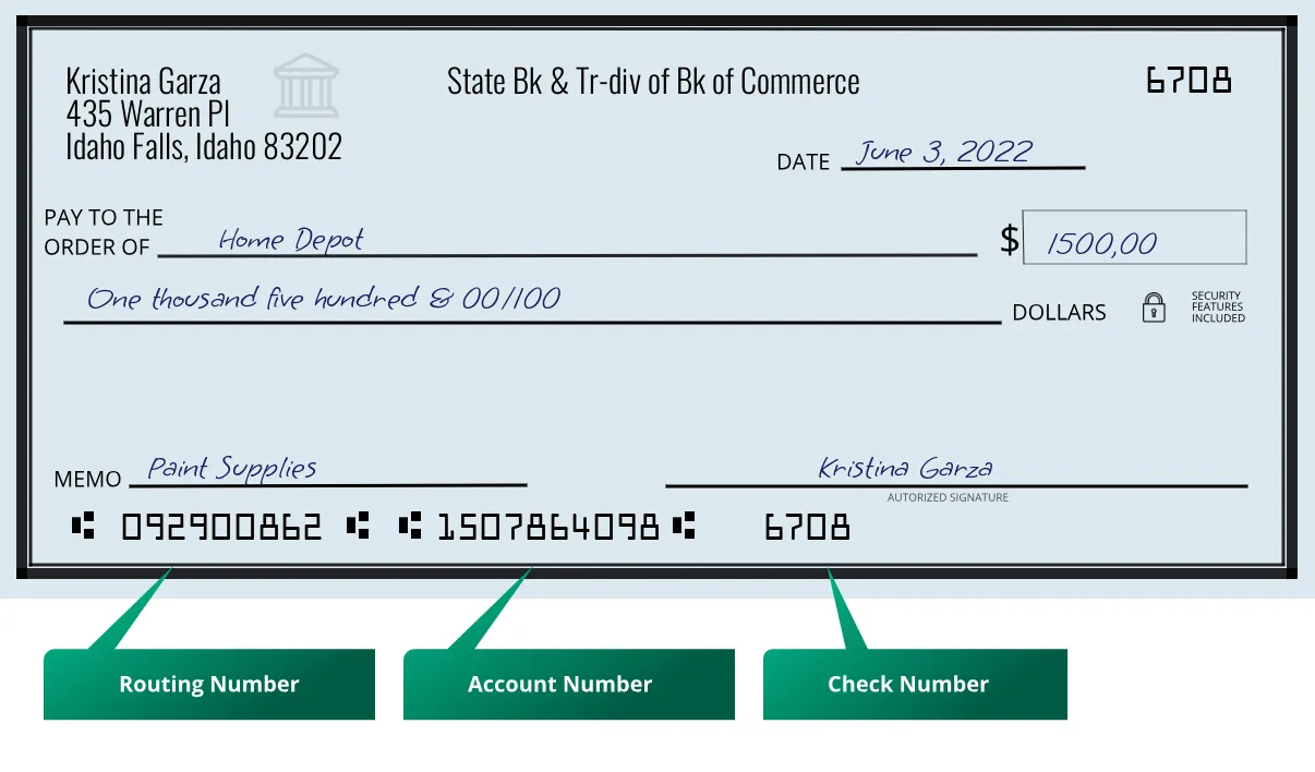 Where to find State Bk & Tr-div of Bk of Commerce routing number on a paper check?