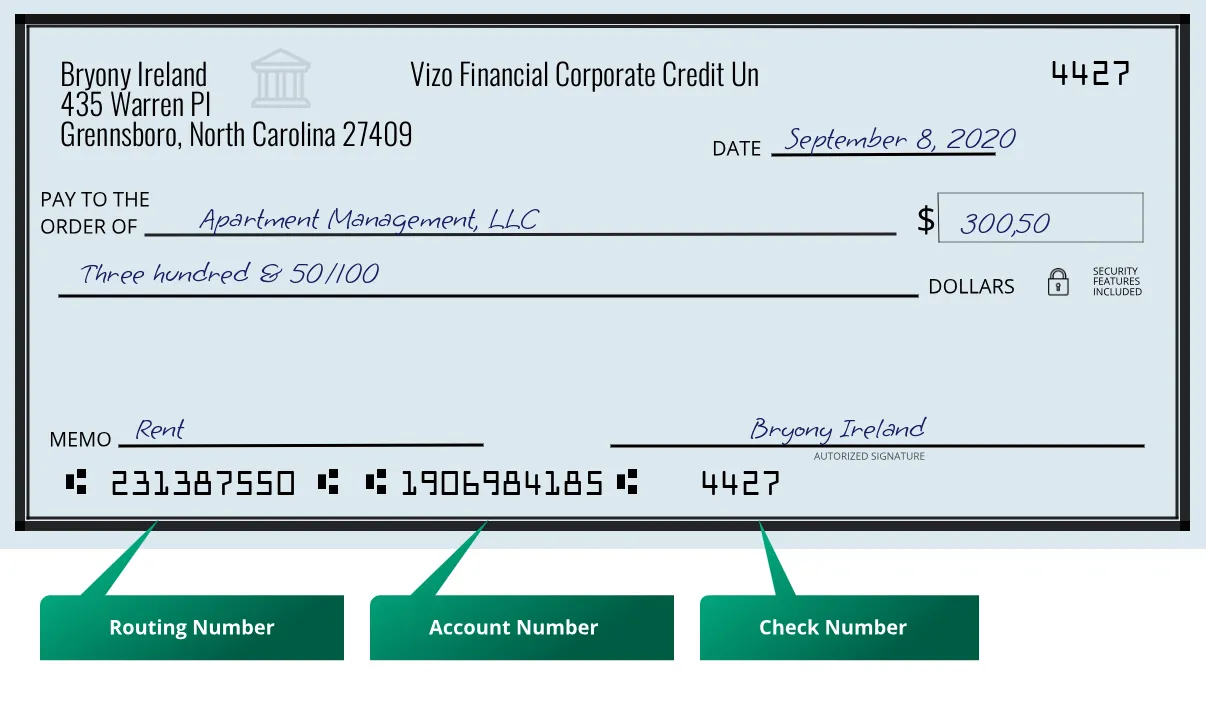 Where to find Vizo Financial Corporate Credit Un routing number on a paper check?