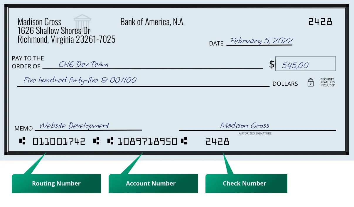 011001742 routing number Bank Of America, N.a. Richmond