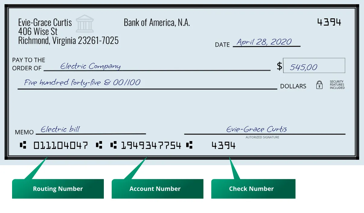 011104047 routing number Bank Of America, N.a. Richmond