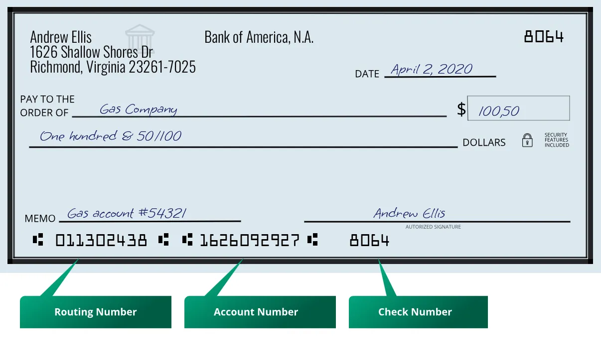 011302438 routing number Bank Of America, N.a. Richmond