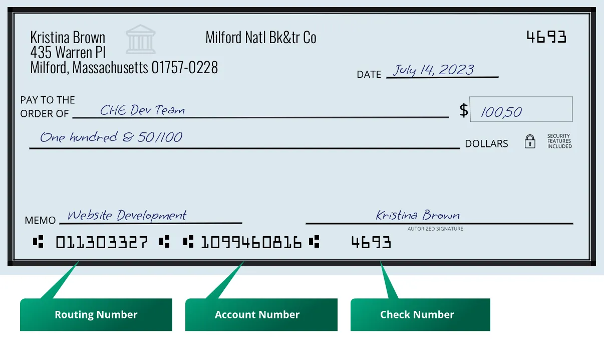 011303327 routing number Milford Natl Bk&tr Co Milford