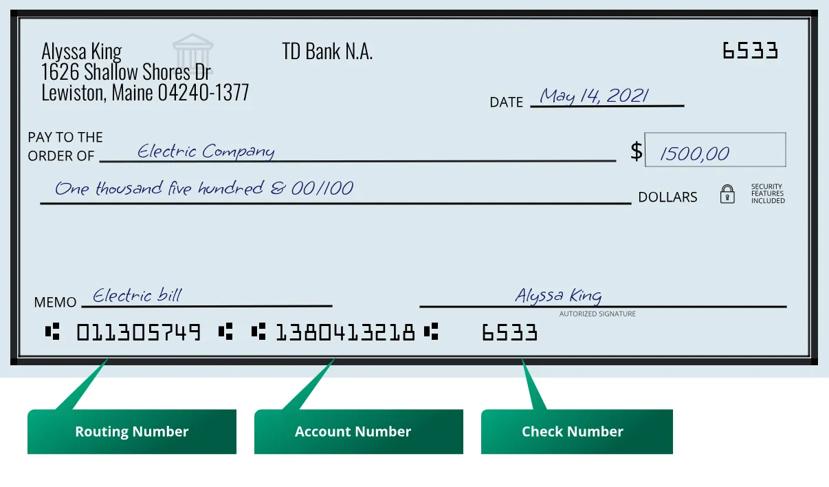 011305749 routing number Td Bank N.a. Lewiston