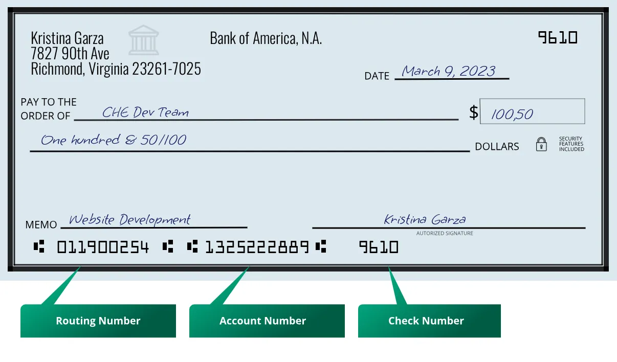 011900254 routing number Bank Of America, N.a. Richmond
