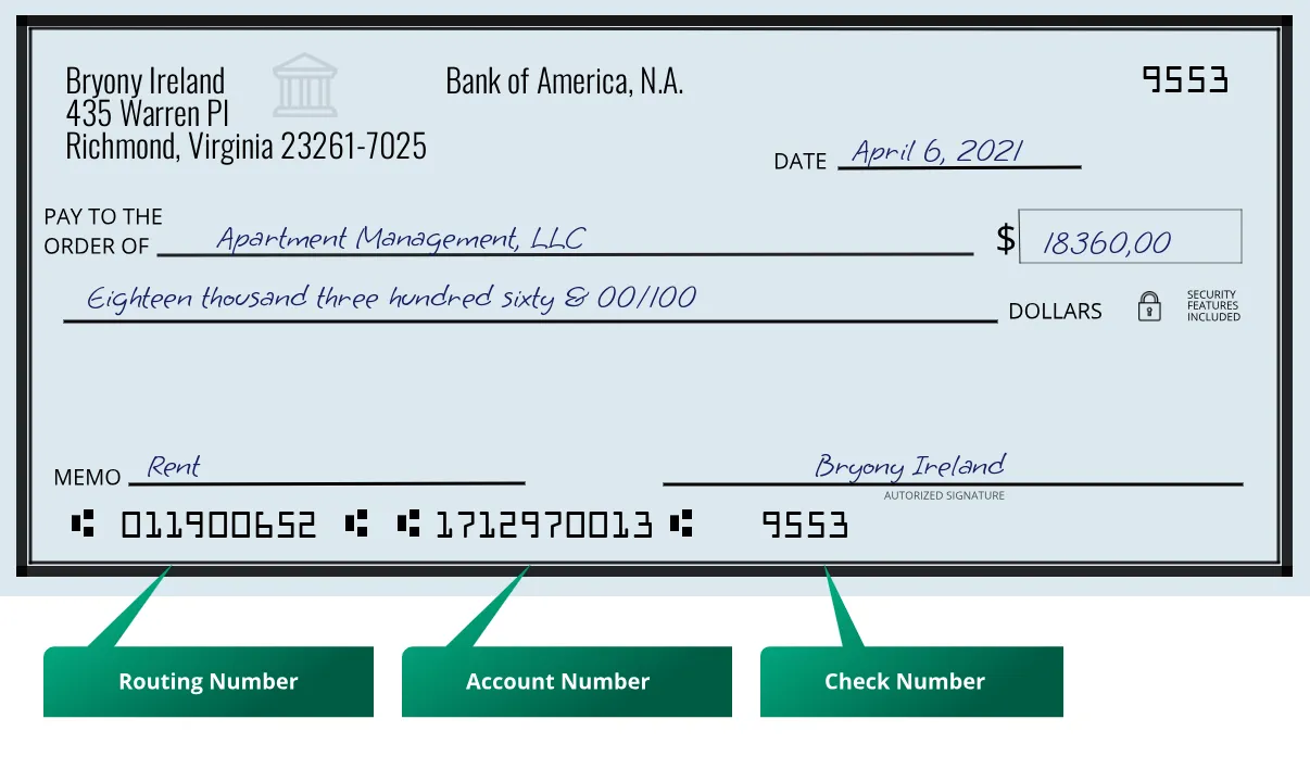 011900652 routing number Bank Of America, N.a. Richmond