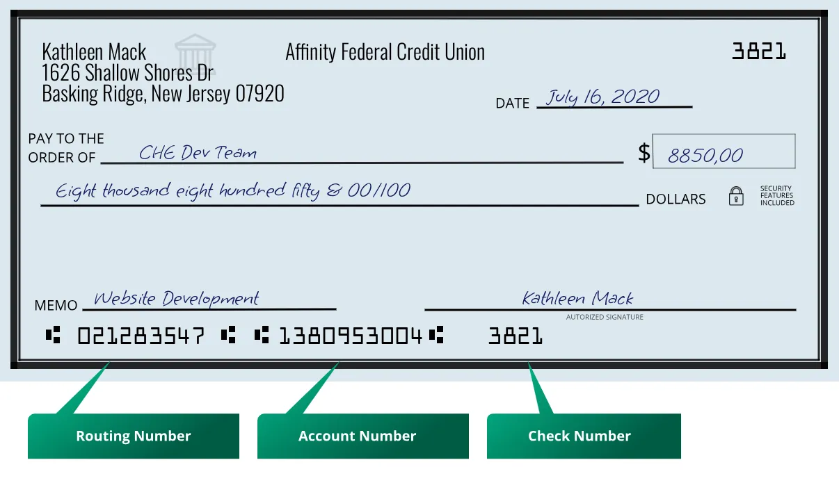 021283547 routing number Affinity Federal Credit Union Basking Ridge