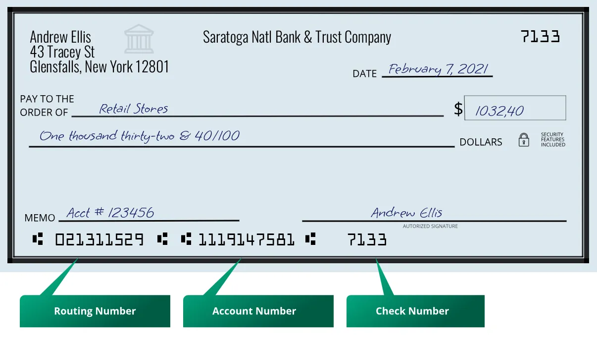 021311529 routing number Saratoga Natl Bank & Trust Company Glensfalls
