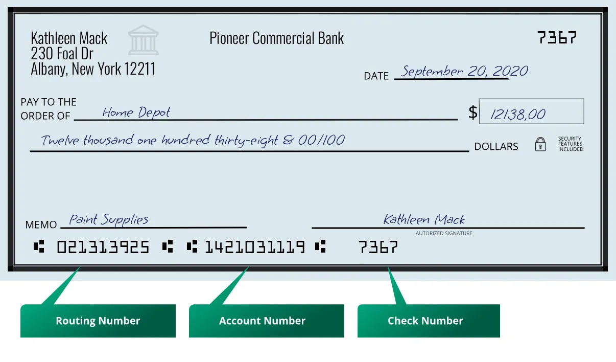 021313925 routing number Pioneer Commercial Bank Albany