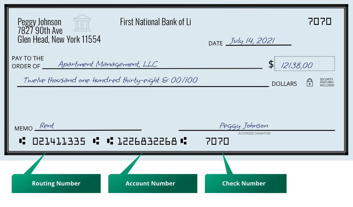 021411335 routing number First National Bank Of Li Glen Head