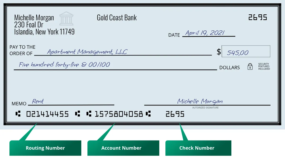 021414455 routing number Gold Coast Bank Islandia