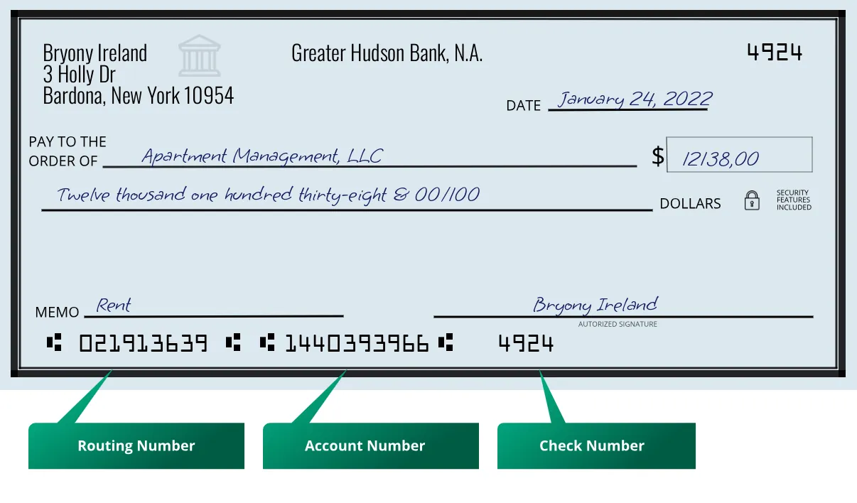021913639 routing number Greater Hudson Bank, N.a. Bardona