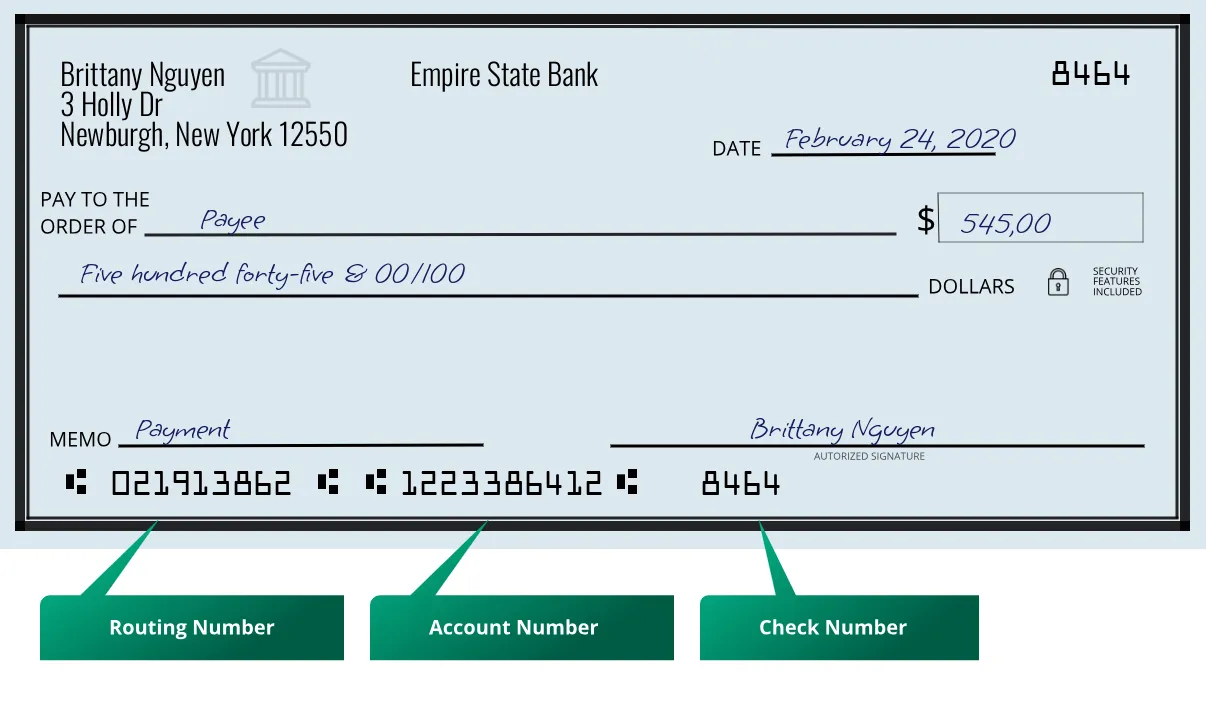 021913862 routing number Empire State Bank Newburgh
