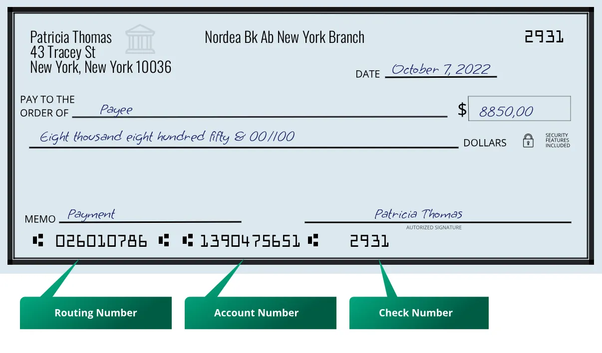 026010786 routing number Nordea Bk Ab New York Branch New York
