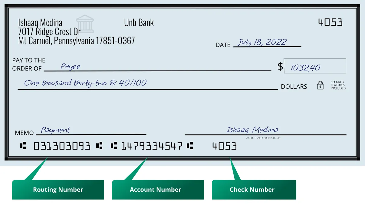 031303093 routing number Unb Bank Mt Carmel
