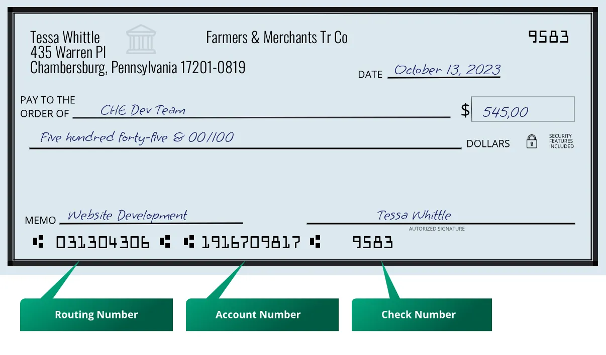 031304306 routing number Farmers & Merchants Tr Co Chambersburg