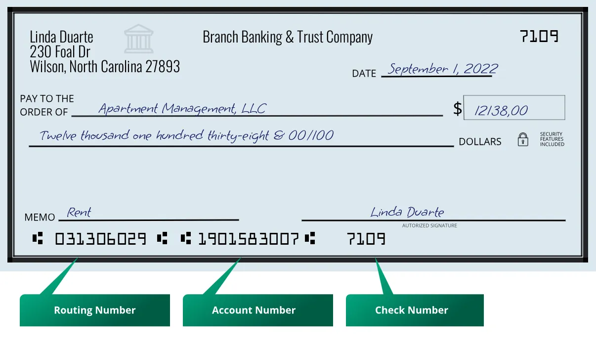 031306029 routing number Branch Banking & Trust Company Wilson