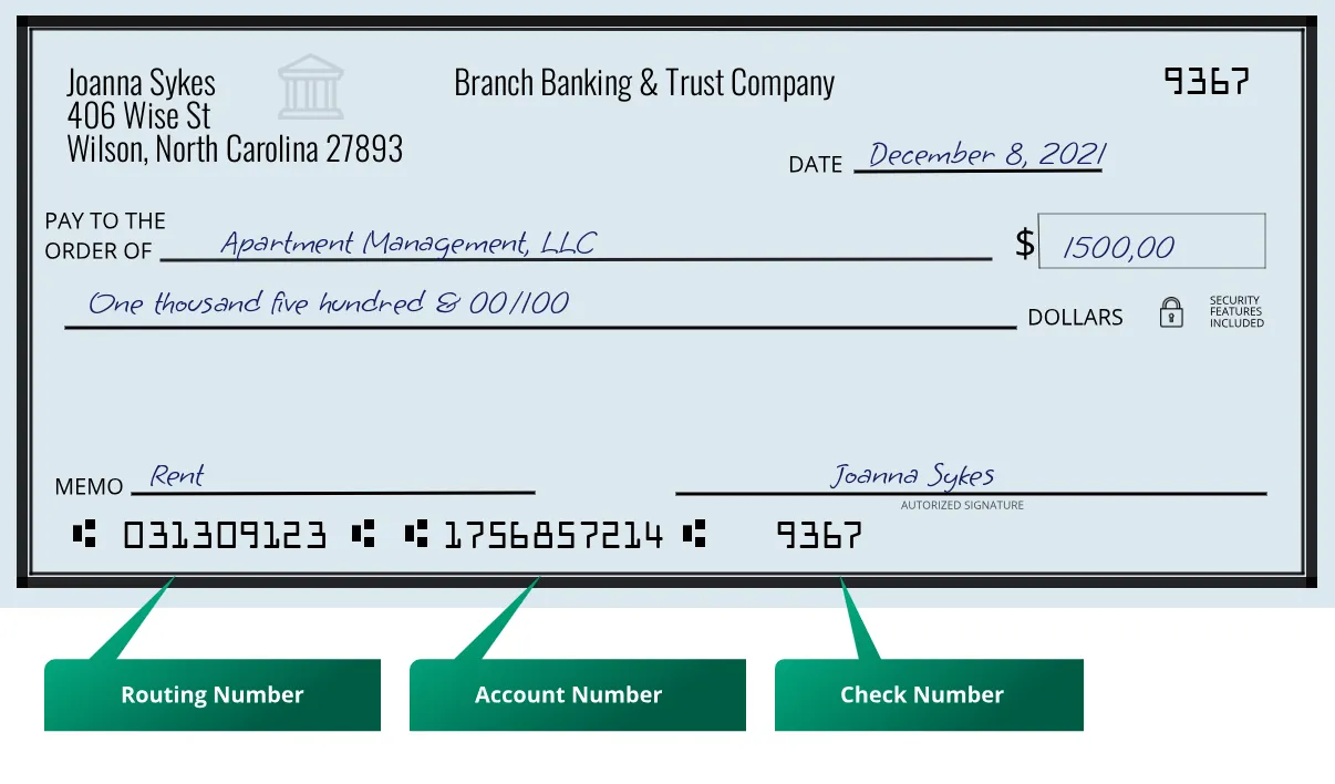 031309123 routing number Branch Banking & Trust Company Wilson