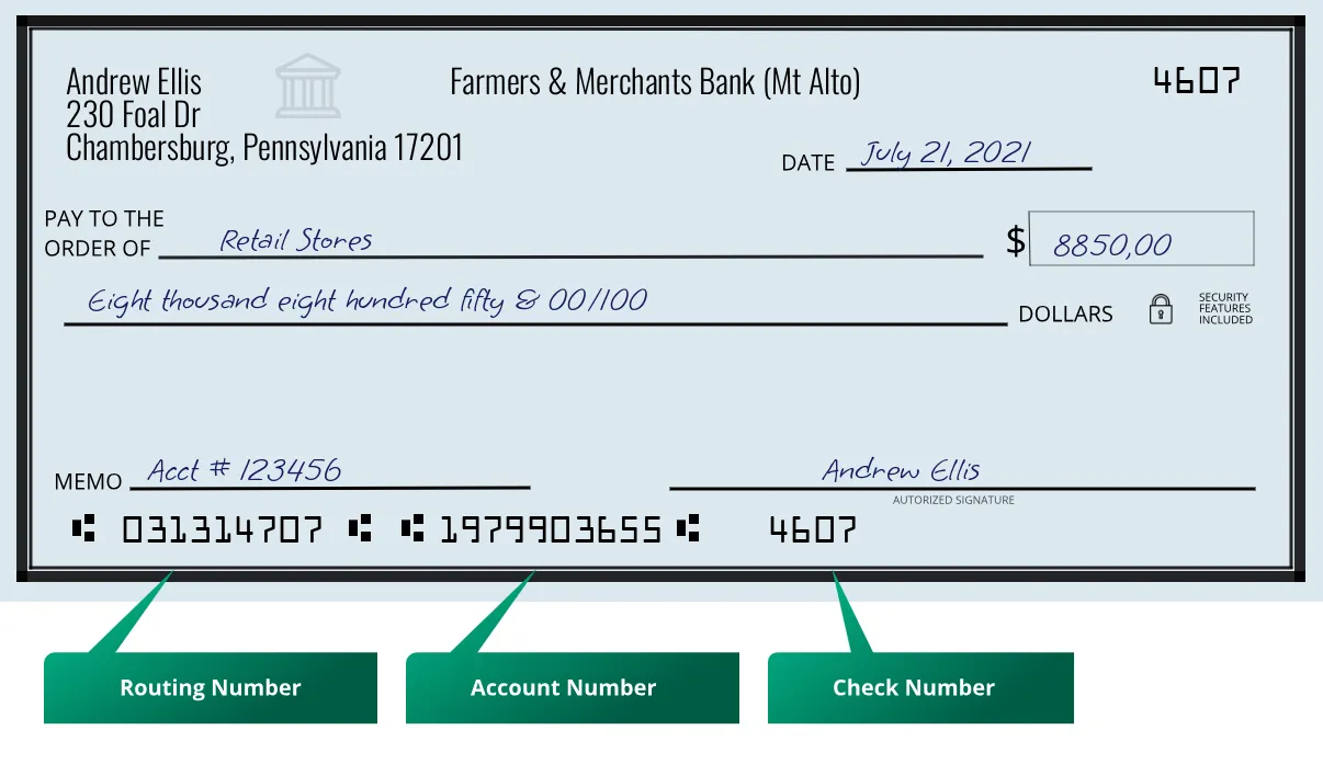 031314707 routing number Farmers & Merchants Bank (Mt Alto) Chambersburg