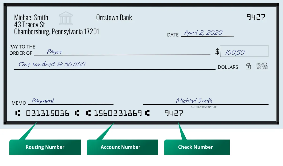 031315036 routing number Orrstown Bank Chambersburg
