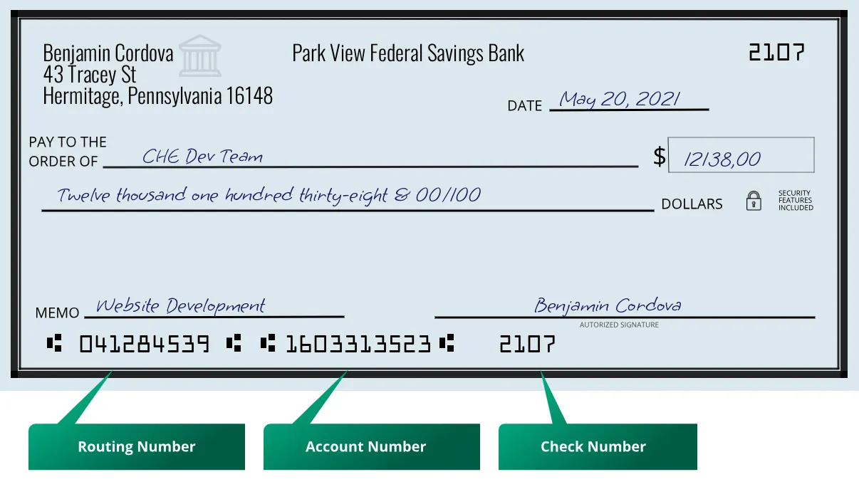 041284539 routing number Park View Federal Savings Bank Hermitage