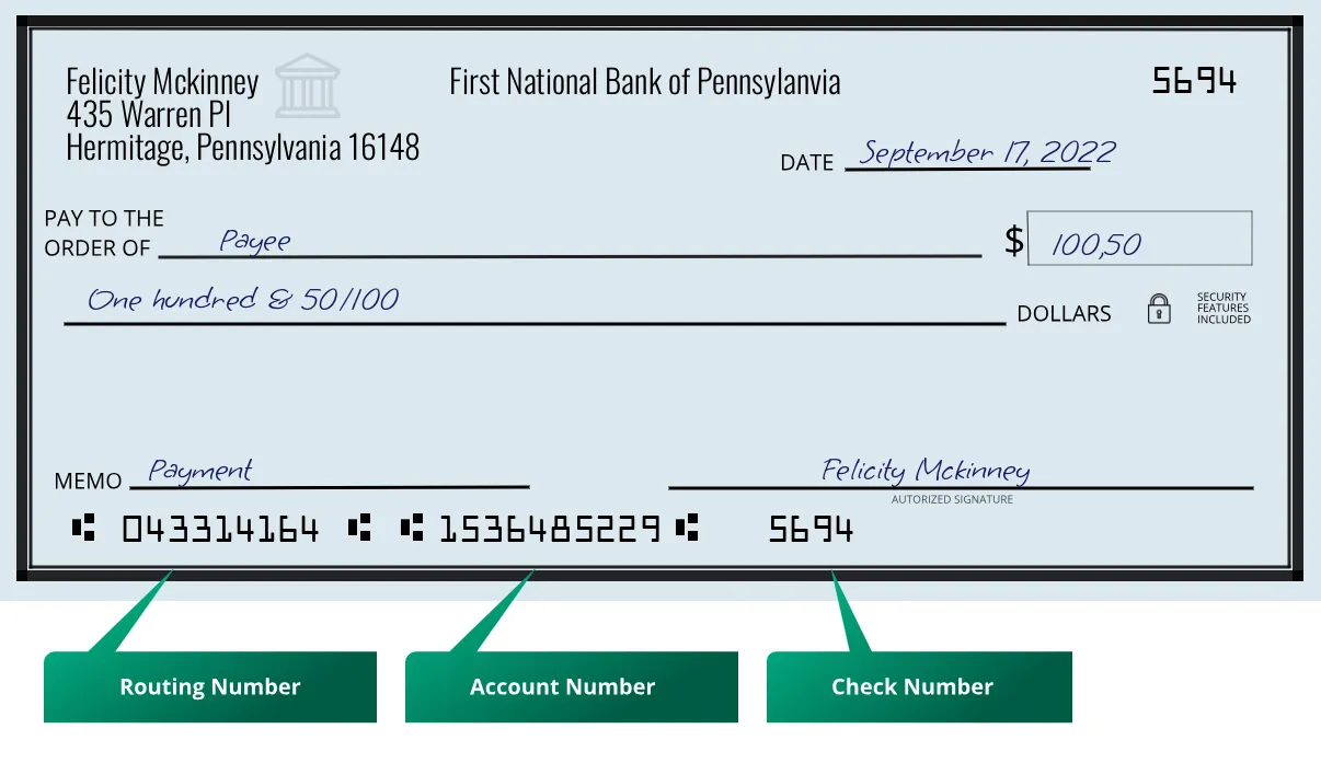 043314164 routing number First National Bank Of Pennsylanvia Hermitage