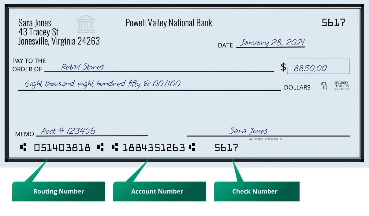 051403818 routing number Powell Valley National Bank Jonesville