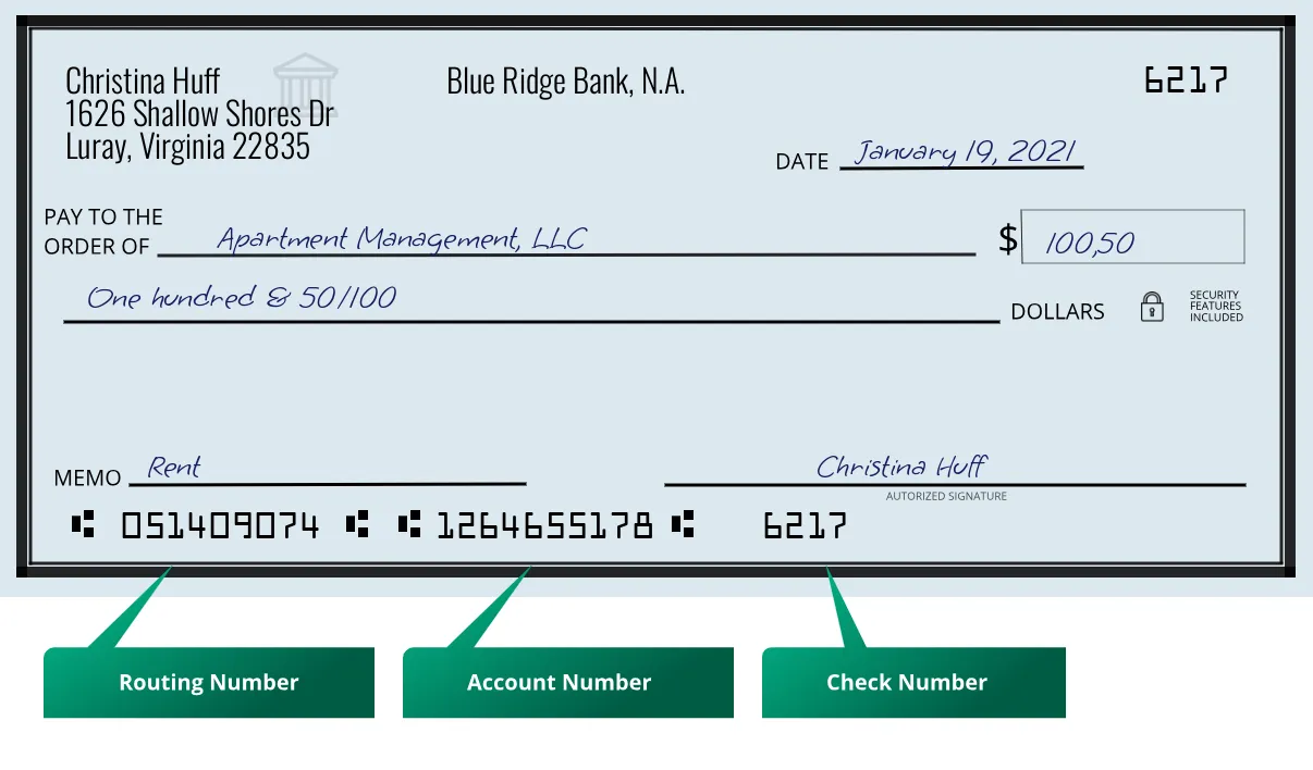 051409074 routing number Blue Ridge Bank, N.a. Luray