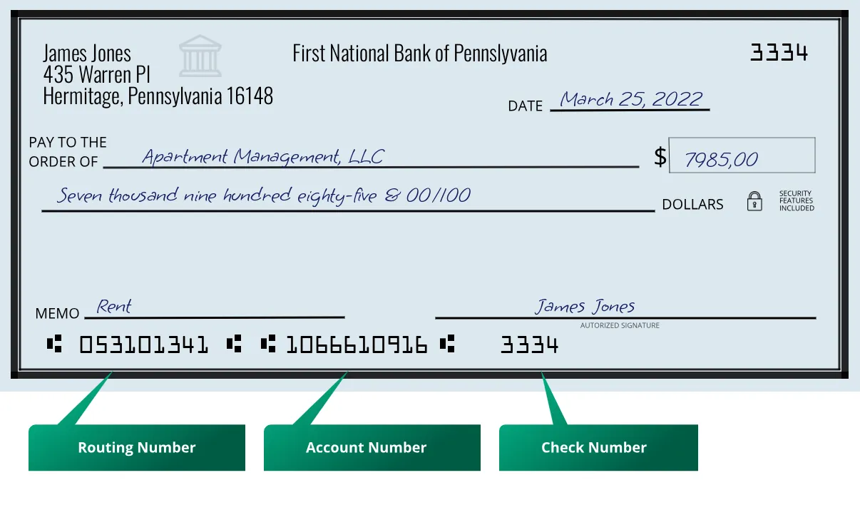 053101341 routing number First National Bank Of Pennslyvania Hermitage