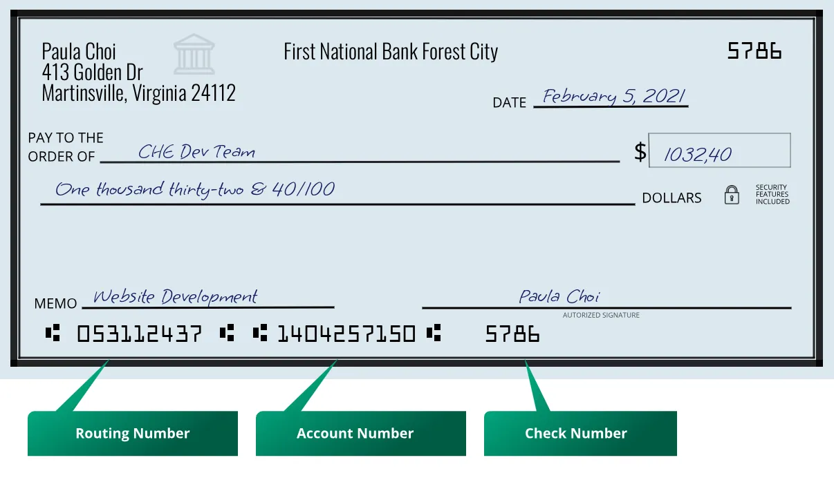 053112437 routing number First National Bank Forest City Martinsville